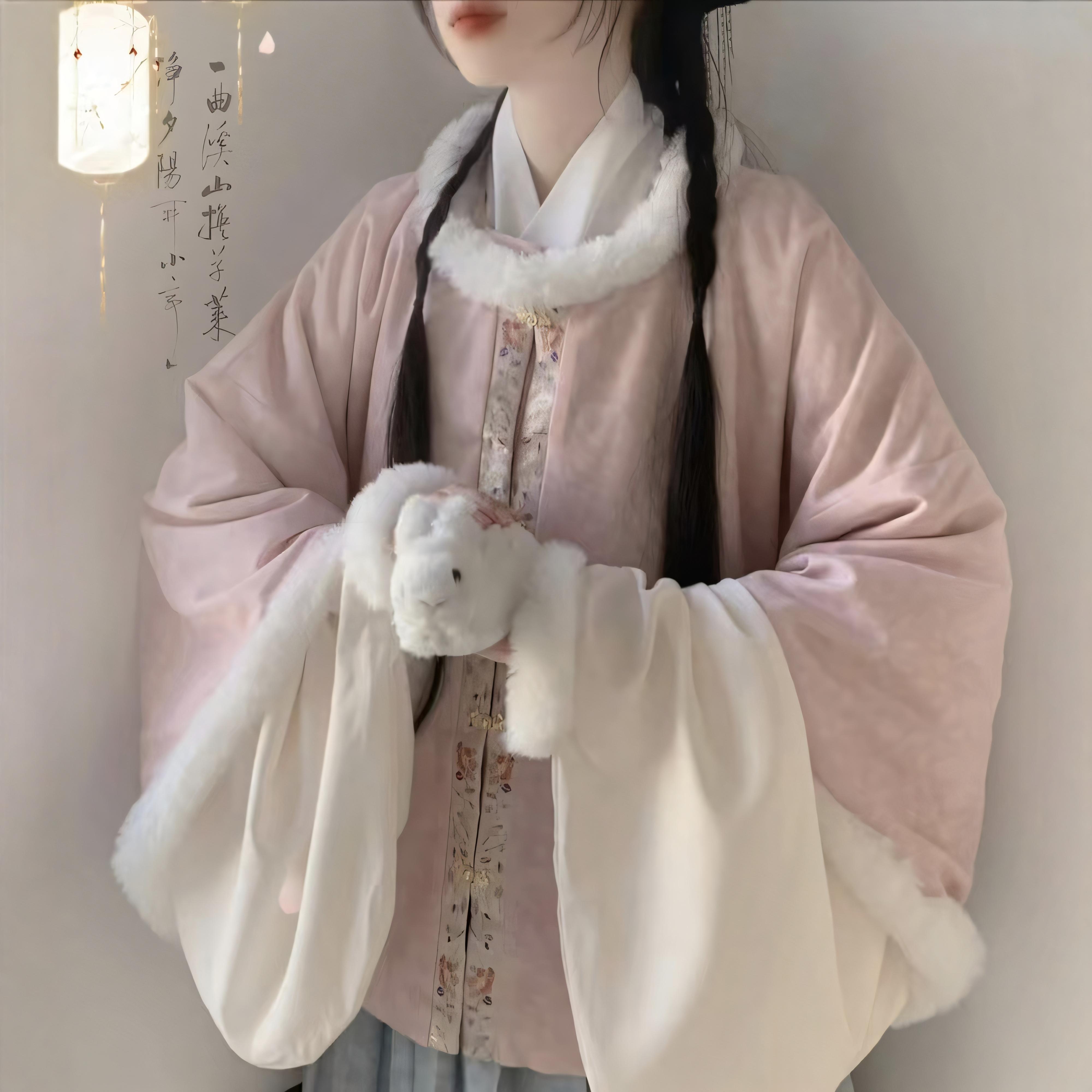 原创汉服女【粉樱】明制改良加绒加厚圆领昭君袄圈毛披袄日常冬款