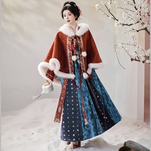 原创汉服女【七月夕-宝钿青黛】唐制加绒斗篷披风齐胸套装冬季款