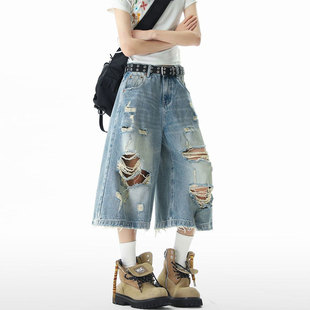女胖mm辣妹风宽松显瘦七分裤 大码 蓝色高街破洞牛仔短裤 美式 子 女装