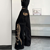 300斤特大码 子 女胖mm宽松bf慵懒风阔腿裤 女装 豹纹拼接黑色牛仔裤