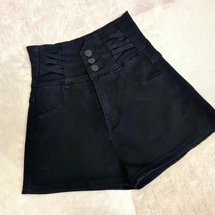 子 大码 黑色高腰修身 显瘦弹力牛仔短裤 女胖mm交叉线条设计a字热裤