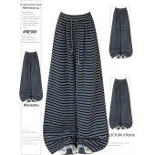 学生显瘦直筒裤 大码 女早春穿搭新款 胖mm韩系穿搭条纹休闲裤 子 女装