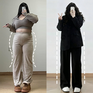 胖mm休闲慵懒风垂感显瘦直筒裤 特大码 女春季 黑色高腰牛仔裤 子 女装