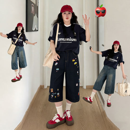 大码女装胖mm黑色卡通趣味印花牛仔短裤女学院风百搭阔腿七分裤子 - 封面
