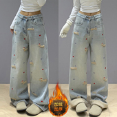 女胖mm学生加绒加厚阔腿裤 300斤特大码 蓝色刺绣小狗直筒牛仔裤 子