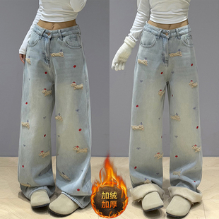 子 女胖mm学生加绒加厚阔腿裤 300斤特大码 蓝色刺绣小狗直筒牛仔裤