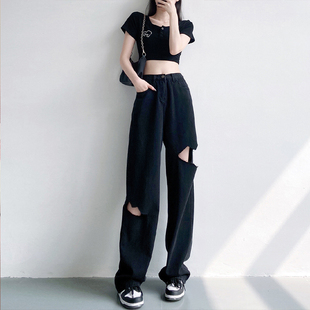 梨形身材破洞直筒阔腿裤 女夏季 子 300斤黑色显瘦牛仔裤 胖mm特大码