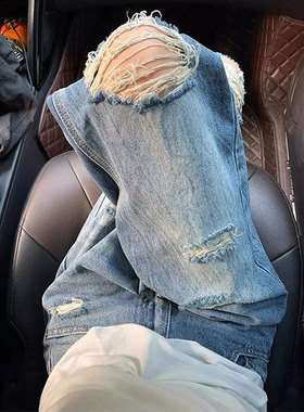 胖mm特大码女装蓝色休闲破洞牛仔裤女小个子学生宽松显瘦直筒裤子