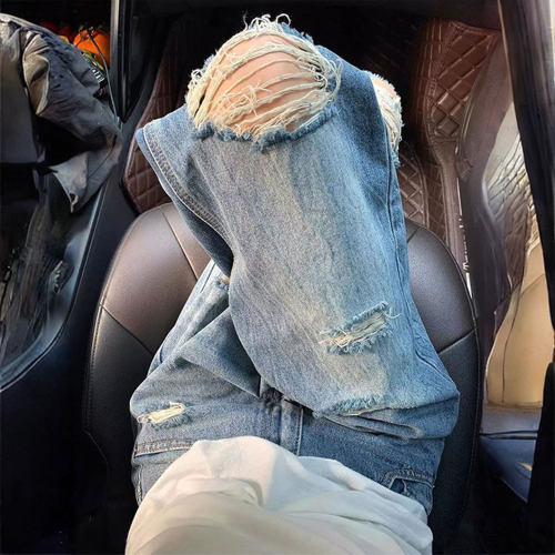 大码女装胖mm高腰破洞牛仔裤女裤