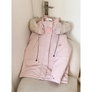 胖mm大码女装粉色大毛领工装派克服羽绒棉服女冬季连帽加厚外套女