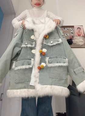 300斤大码女装蓝色毛边拼接牛仔外套女胖mm美式高级感羊羔毛上衣