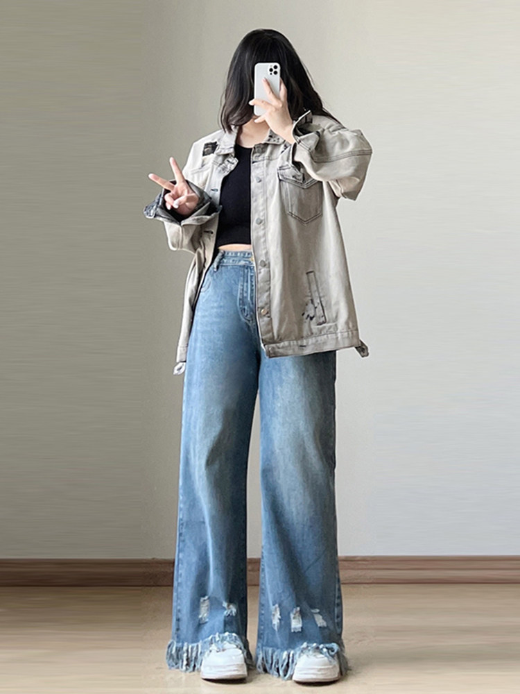 OVERSIZED FAT MM RIPPED TASSEL STRAIGHT-LEG PANTS WOMENS AUTUMN AND WINTER NEW ELASTIC WAIST LOOSE THIN WIDE-LEGGED LONG PANTS