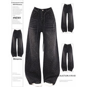 女装 设计感满天星重工烫钻牛仔裤 女胖mm黑色裤 大码 子显瘦阔腿长裤