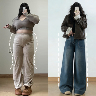 女装 女韩系穿搭高腰阔腿长裤 胖mm蓝色版 牛仔裤 子 型超好看 特大码