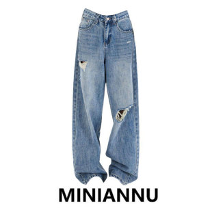 女胖mm梨型身材遮肉显瘦直筒裤 辣妹风蓝色破洞牛仔裤 子 女装 特大码