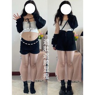 新款 女微胖夏季 黑色牛仔短裤 300斤大码 子 女装 弹力显瘦辣妹a字热裤