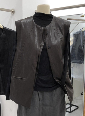 大码女装胖mm咖色遮肉显瘦无袖皮衣马夹女秋季新款休闲风背心外套