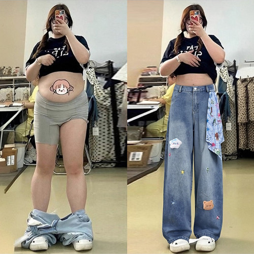 大码女装胖mm星星刺绣设计感长裤