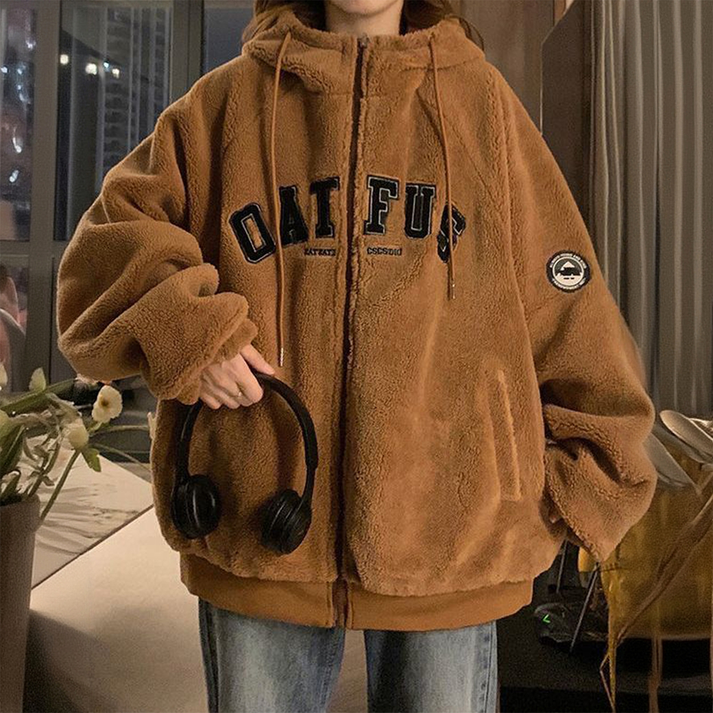 特大码胖mm字母刺绣开衫棉服外套