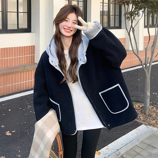 慵懒风拼色连帽棉服上衣潮 胖mm加厚保暖颗粒绒外套女冬季 大码 女装