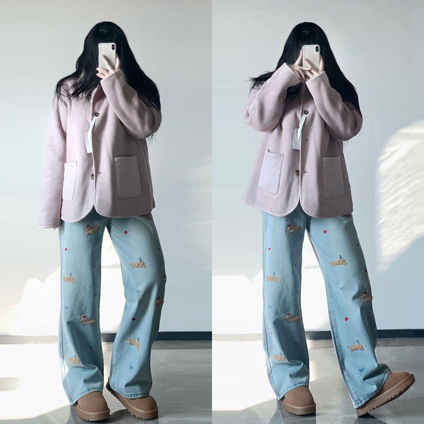 大码女装胖mm学生高腰显瘦牛仔裤女蓝色小狗刺绣设计感直筒长裤子,女装/女士精品,大码裤装,淘宝优惠券,粉丝福利购,淘宝优惠卷