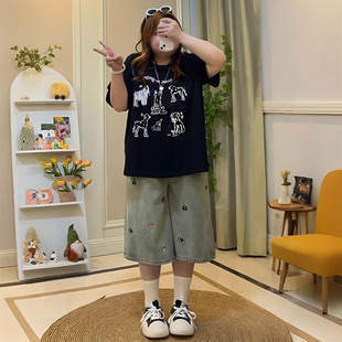 宽松显瘦学生七分裤 女夏季 胖mm复古蓝卡通刺绣阔腿牛仔短裤 特大码