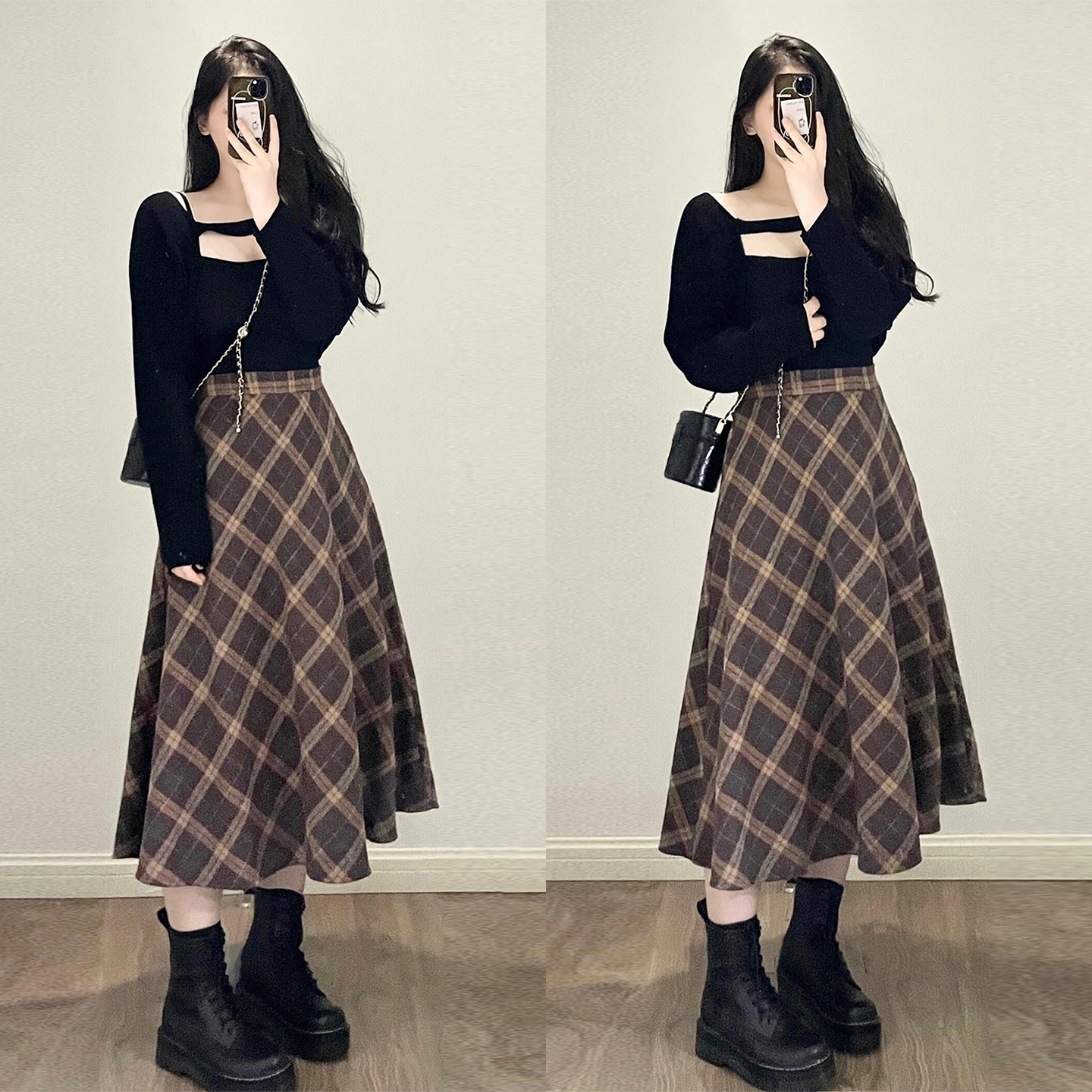 300斤大码女装复古格子拼接a字裙
