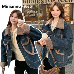 百搭设计感夹克上衣 时尚 特大码 胖mm复古蓝加厚保暖棉服上衣女韩版
