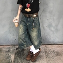 新款 胖mm藍色直筒牛仔褲 300斤大碼 女2025夏季 復(fù)古七分褲 女裝 美式