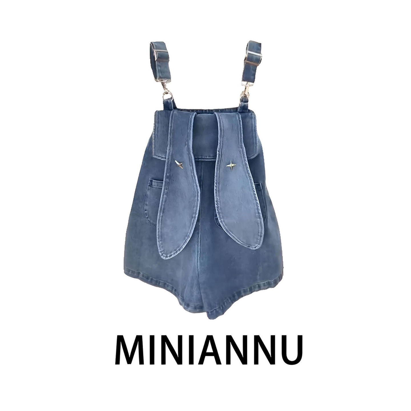 大码胖mm学院风甜美可爱牛仔短裤女设计感小众可爱兔耳朵连体裤子