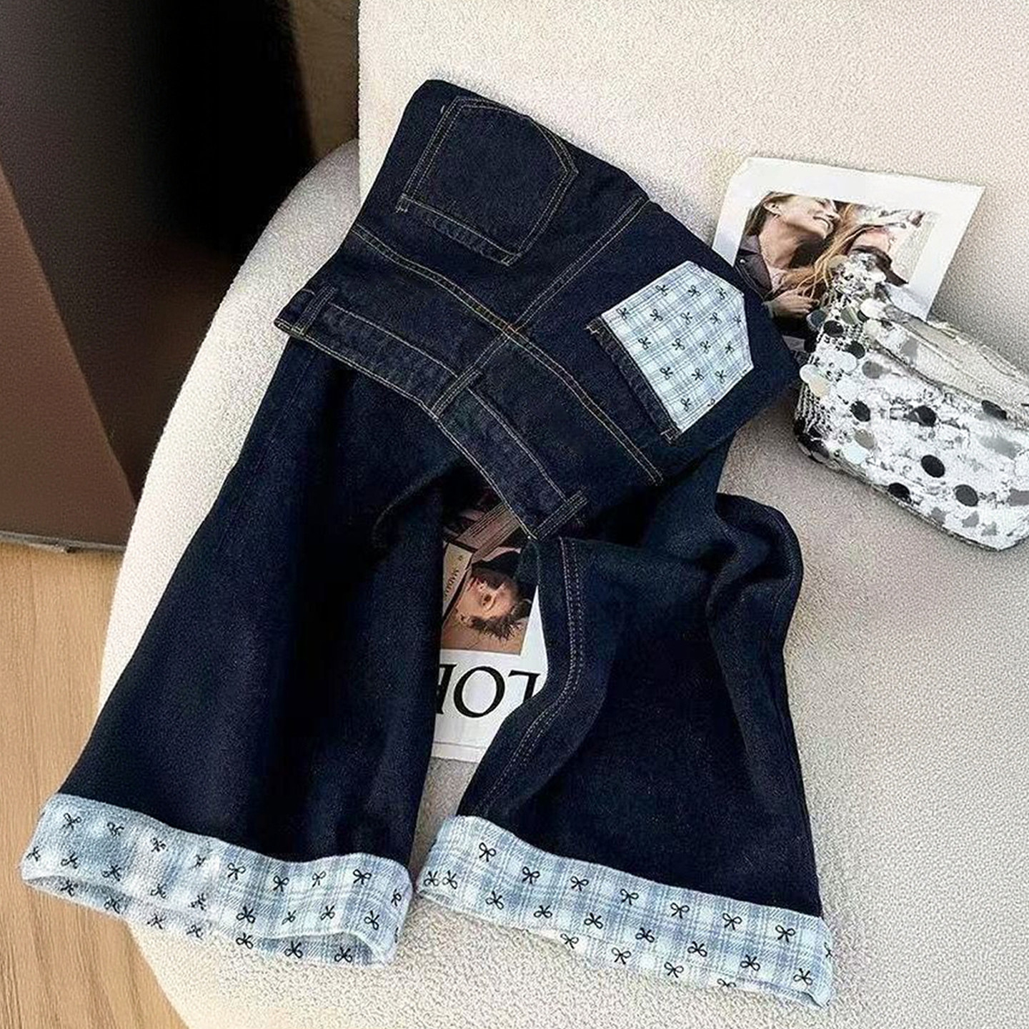 胖mm大码女装美式个性宽松牛仔裤女格子拼接卷边设计阔腿直筒裤子,女装/女士精品,大码裤装,淘宝优惠券,粉丝福利购,淘宝优惠卷