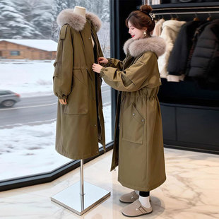 胖mm设计感加厚毛绒连帽外套女特大码 保暖棉服 慵懒风百搭气质长款