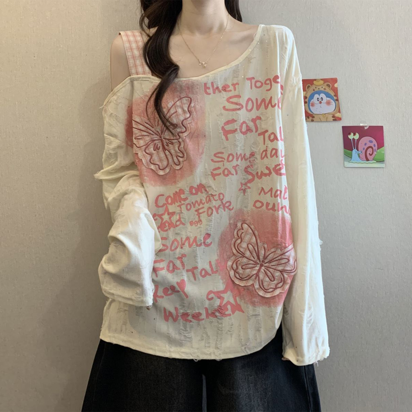 300斤大码女装学生斜肩长袖上衣