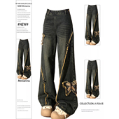 女装 设计感蝴蝶刺绣牛仔裤 女胖mm美式 300斤大码 穿搭宽松阔腿裤 子