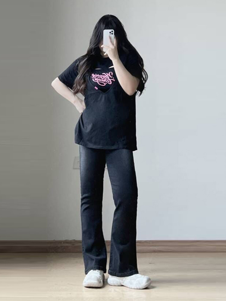 KING SIZE WOMENS BLACK FLARED PANTS WOMENS SUMMER 2024 NEW CHUBBY MM THIN FLARED PANTS JEANS