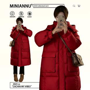 加厚保暖中长款 红色休闲百搭羽绒棉服女冬季 连帽棉衣 女装 胖mm大码