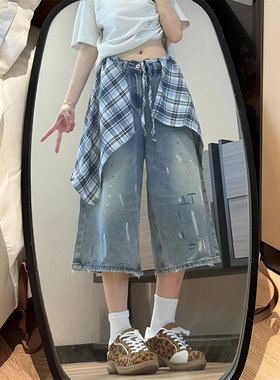 大码女装学院风显瘦蓝色牛仔短裤女胖mm学生百搭格纹屁帘七分裤子