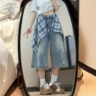 女胖mm学生百搭格纹屁帘七分裤 学院风显瘦蓝色牛仔短裤 子 女装 大码