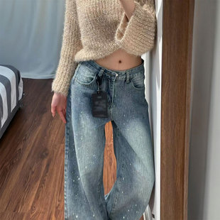 子设计感小众减龄直筒长裤 300斤大码 女胖mm裤 蓝色烫钻牛仔裤 女装