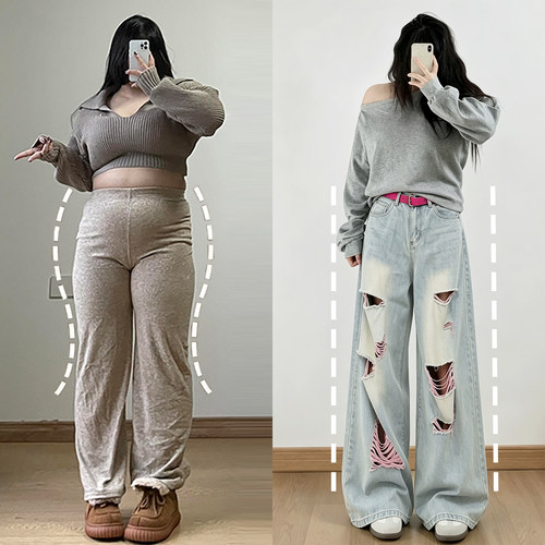 胖mm大码设计感潮流破洞牛仔裤女