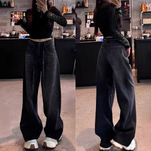女胖mm小个子宽松垂感直筒裤 大码 黑色满天星烫钻牛仔裤 美式 子 女装
