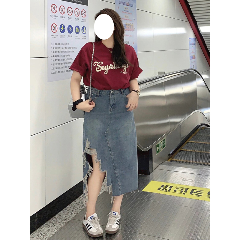 300斤大码女装复古撕边开叉牛仔半身裙女胖mm夏季辣妹显瘦半裙子