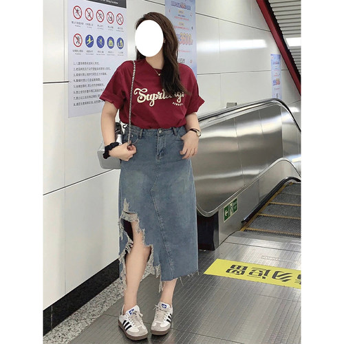 特大码美式复古ins撕边破洞半裙