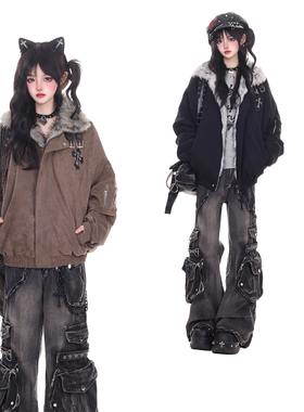 特大码胖mm棕色加绒加厚棉服外套女冬季新款美式辣妹风座山雕棉衣