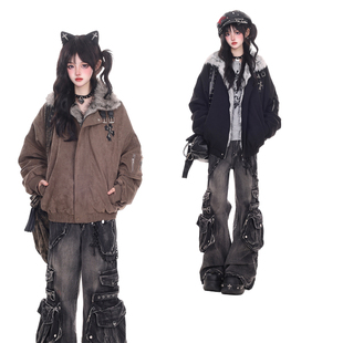 美式 新款 辣妹风座山雕棉衣 胖mm棕色加绒加厚棉服外套女冬季 特大码