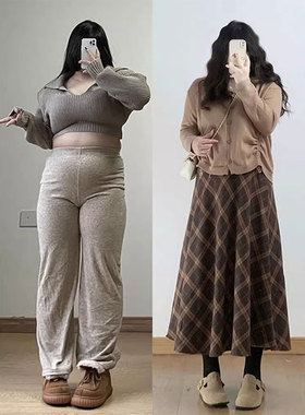 胖mm大码女装棕色格子半身裙春秋新款a字半裙子美拉德风毛呢伞裙