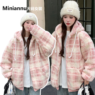 棉服 胖mm学生加厚保暖长袖 特大码 粉色甜美风连帽羊羔毛外套女冬季