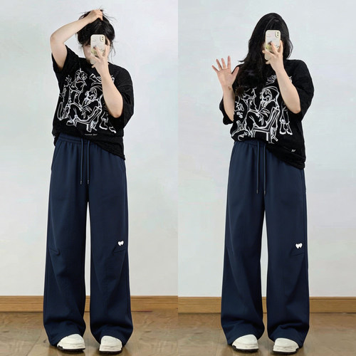 胖mm大码女装爱心刺绣阔腿卫裤女