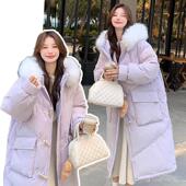 胖mm紫色大毛领加厚棉服女韩系长款 300斤大码 女装 过膝温柔系外套