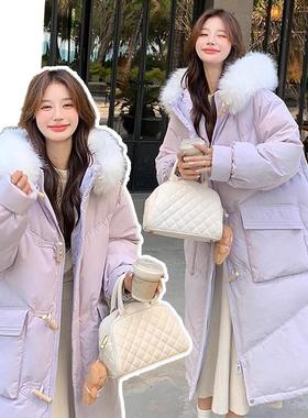 300斤大码女装胖mm紫色大毛领加厚棉服女韩系长款过膝温柔系外套